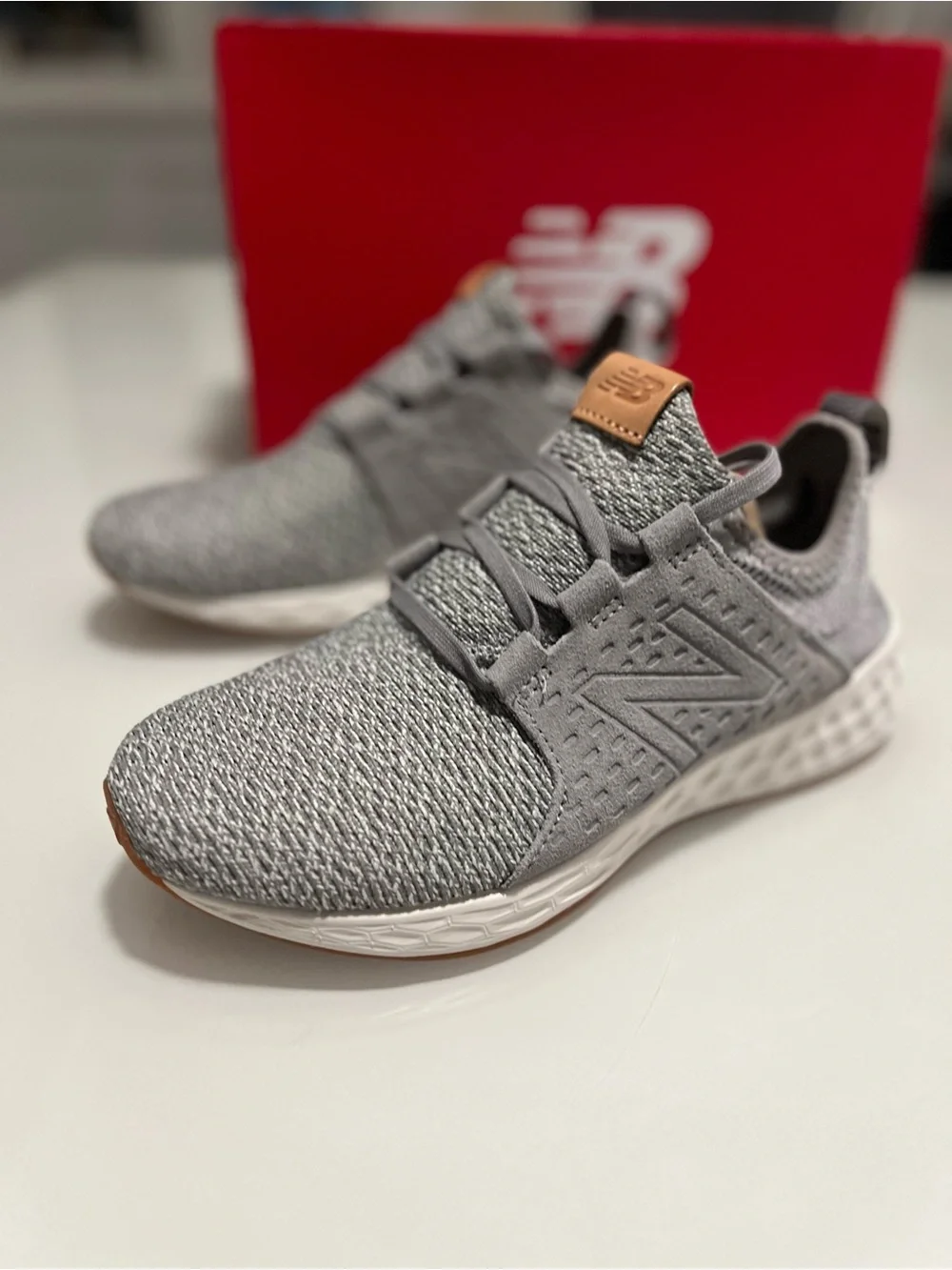 New Balance Men’s Grey Knit Sneakers with Tan Accent